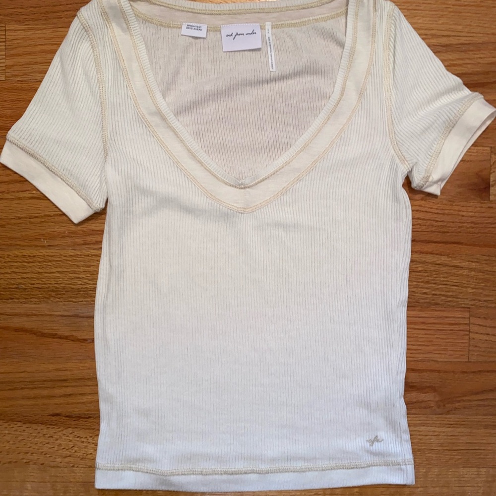 Urban Outfitters Cream Ribbed V-Neck Tee